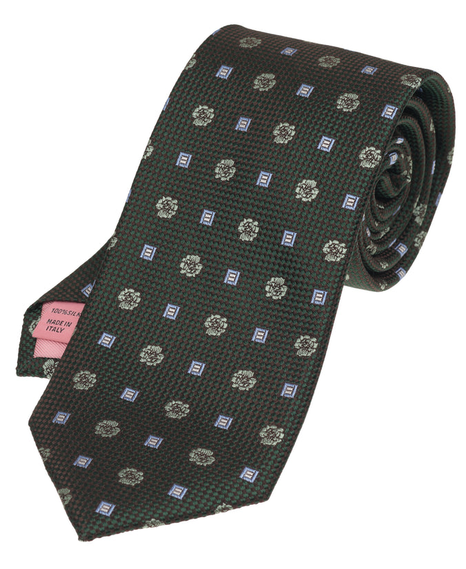 Olive Green Floral Woven Silk Tie