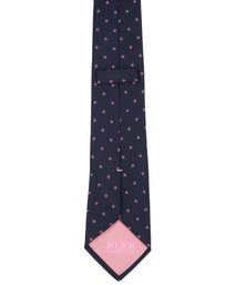 Navy Blue Woven Silk Tie With Pink Polka Dots