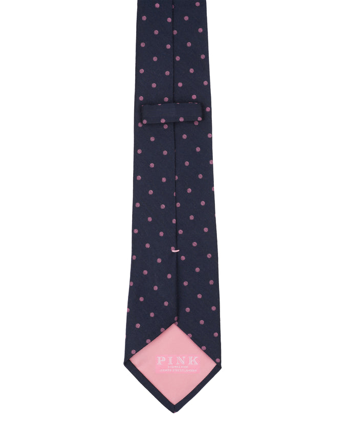 Navy Blue Woven Silk Tie With Pink Polka Dots