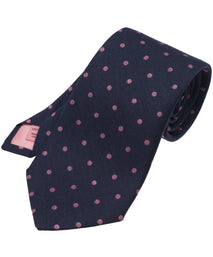 Navy Blue Woven Silk Tie With Pink Polka Dots