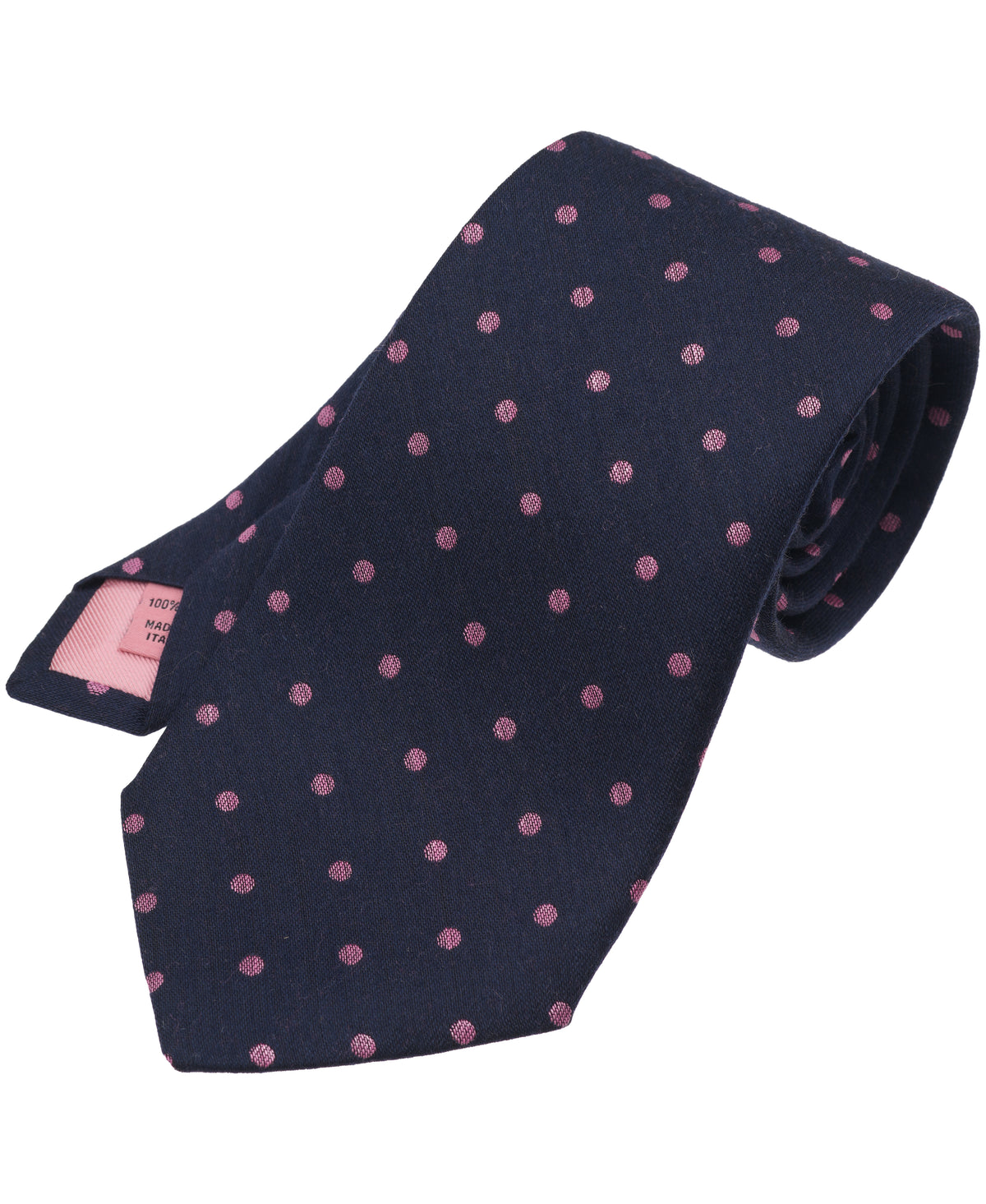 Navy Blue Woven Silk Tie With Pink Polka Dots