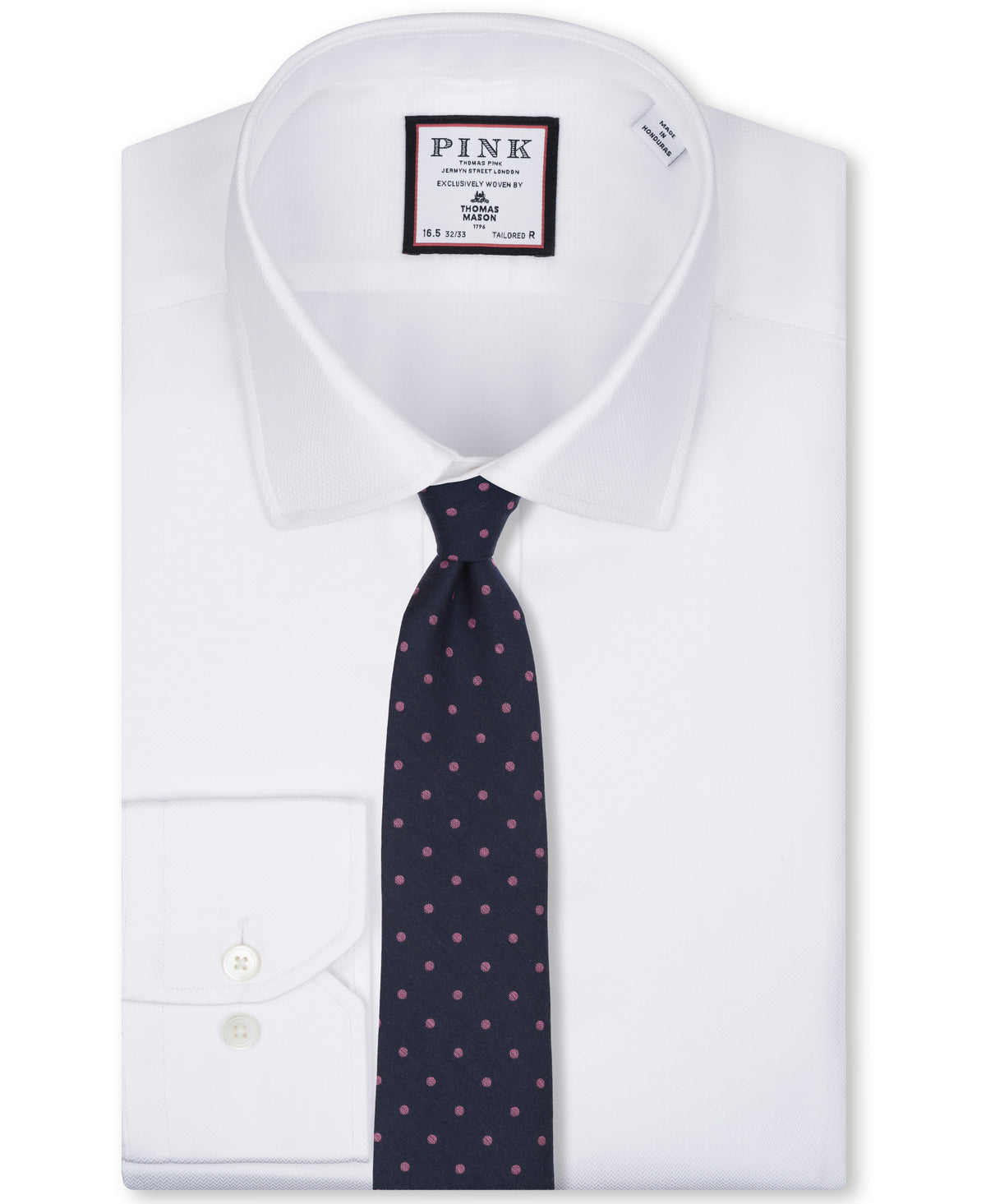 Navy Blue Woven Silk Tie With Pink Polka Dots