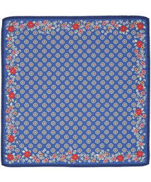 Navy Floral Border Woven Silk Pocket Square