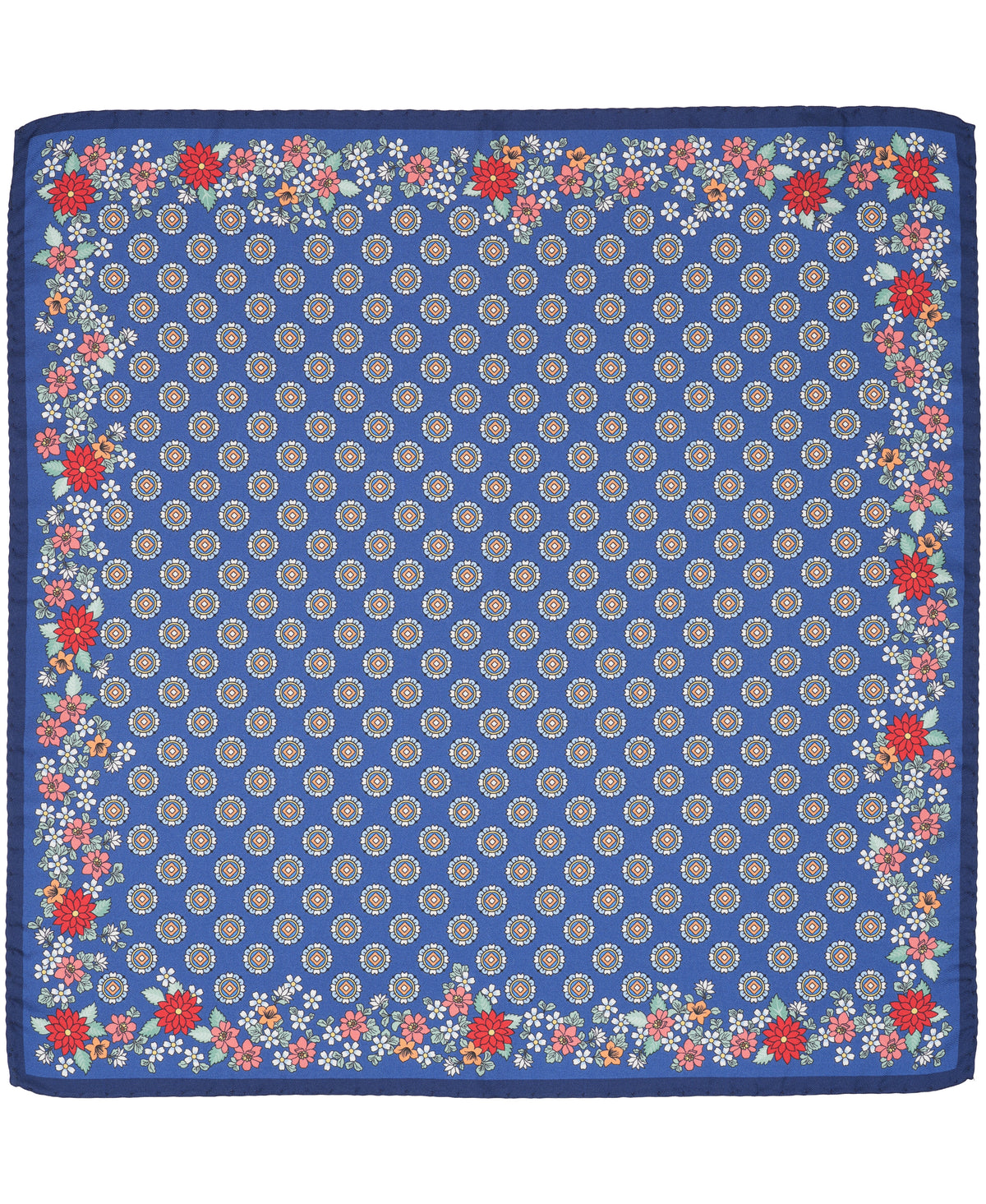 Navy Floral Border Woven Silk Pocket Square