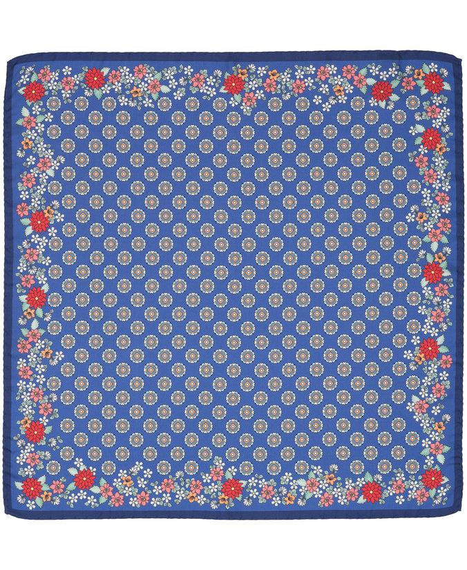 Navy Floral Border Woven Silk Pocket Square