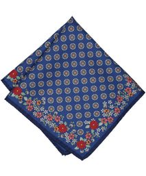Navy Floral Border Woven Silk Pocket Square