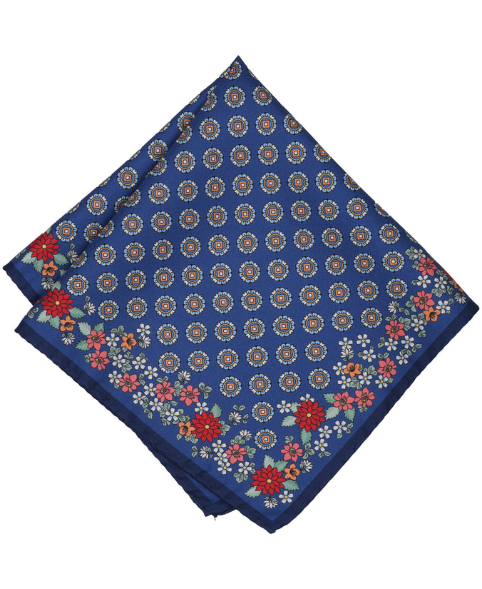 Navy Floral Border Woven Silk Pocket Square