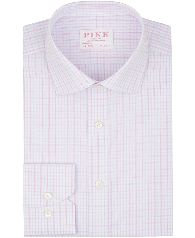 Pink Tailored Fit Poplin Fine Line Check Dress Shirt