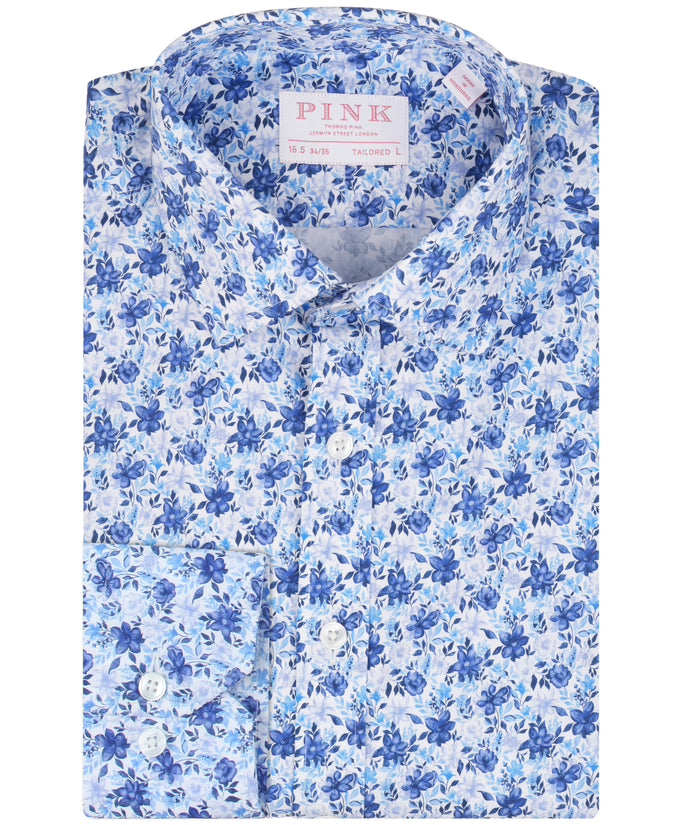 Navy Tailored Fit Poplin Garden Floral Print Dress Shirt
