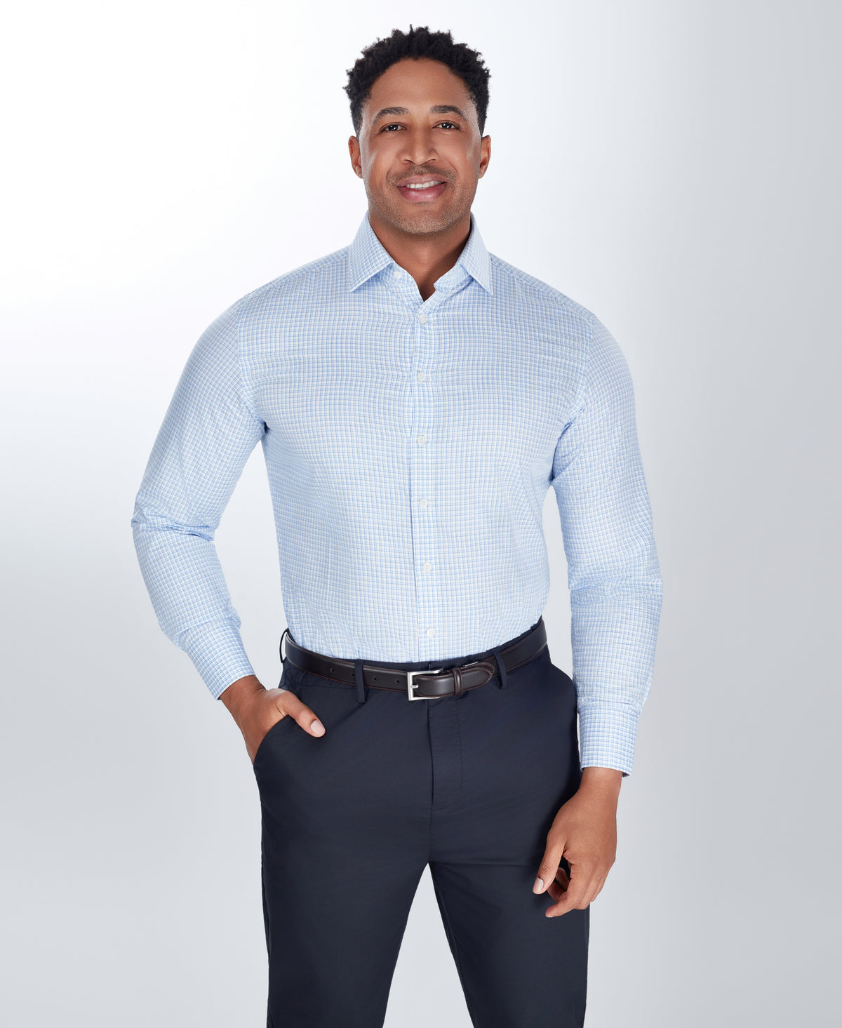 Blue Tailored Fit Twill Check Dress Shirt