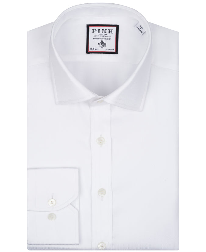 Thomas Mason White Tailored Fit Wave Dobby Dress Shirt