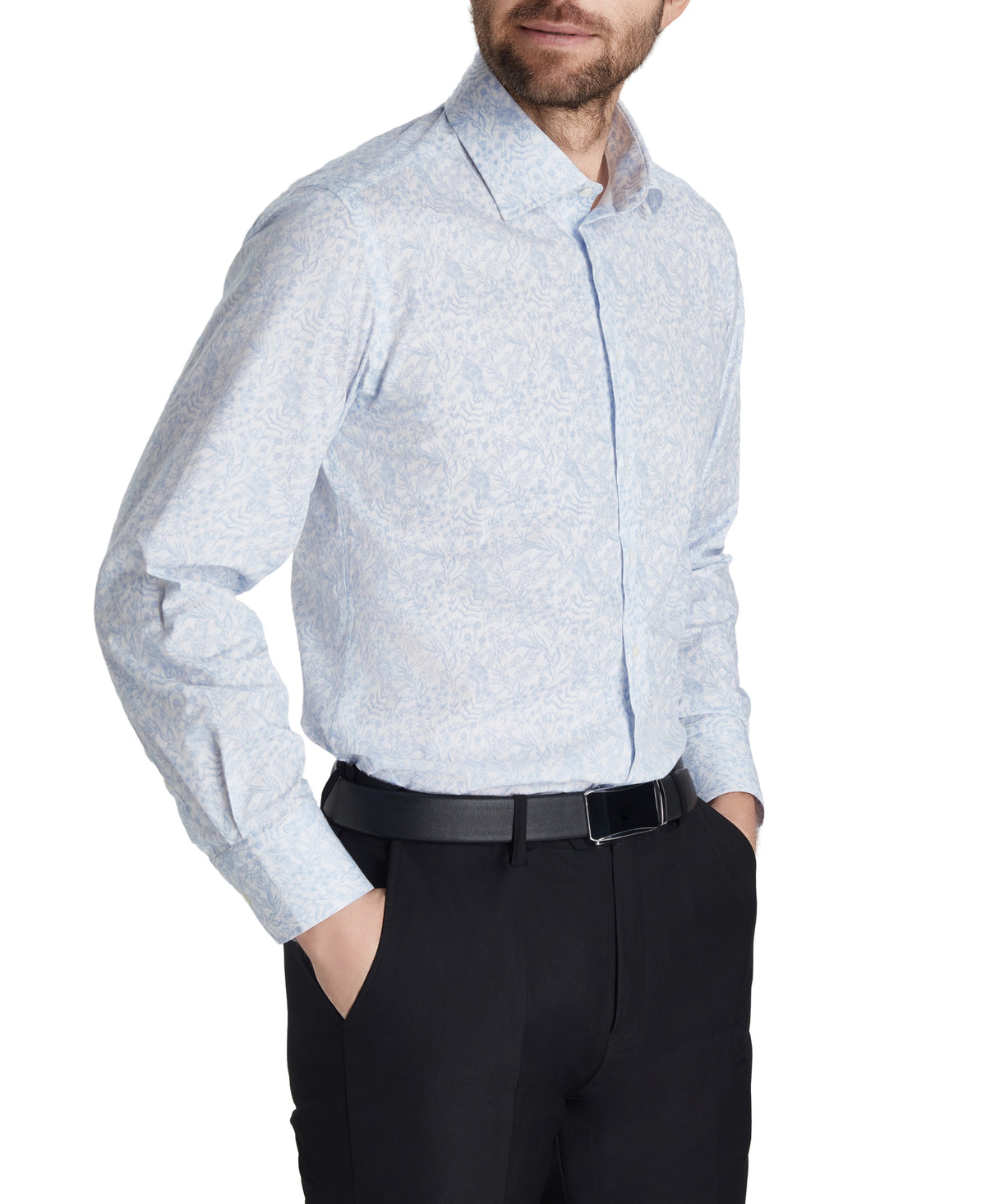 Light Blue Tailored Fit Poplin Fine Line Floral Print Dress Shirt