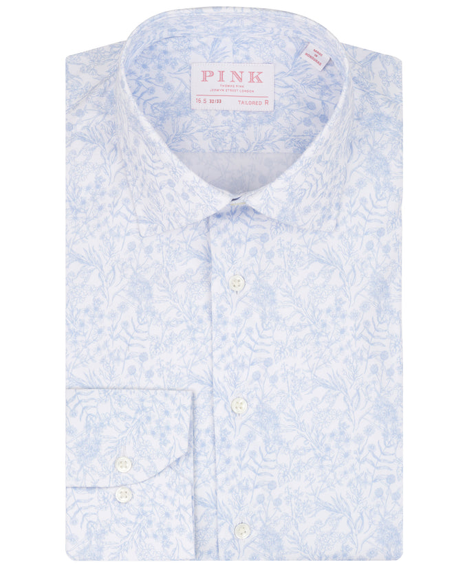 Light Blue Tailored Fit Poplin Fine Line Floral Print Dress Shirt