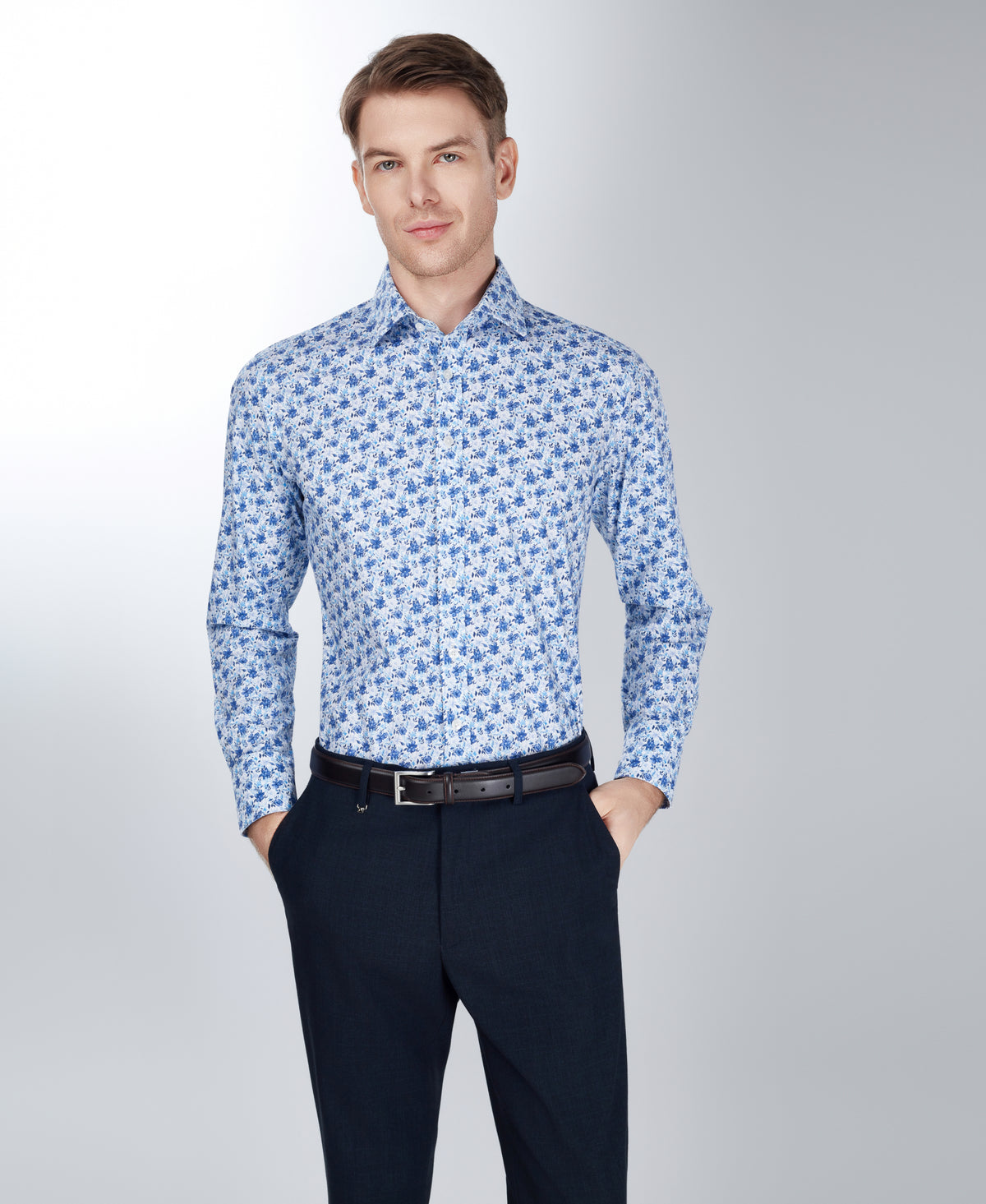 Navy Tailored Fit Poplin Garden Floral Print Dress Shirt