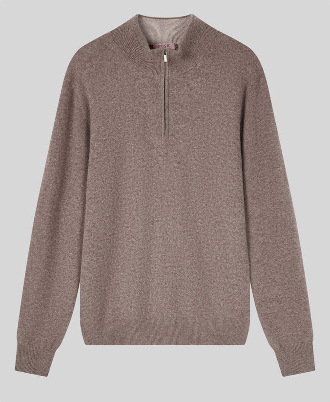 Taupe Classic Cashmere And Wool Quarter Zip Sweater