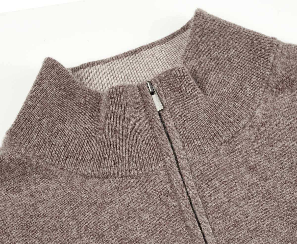 Taupe Classic Cashmere And Wool Quarter Zip Sweater