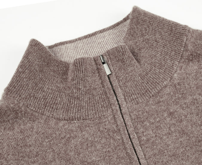 Taupe Classic Cashmere And Wool Quarter Zip Sweater