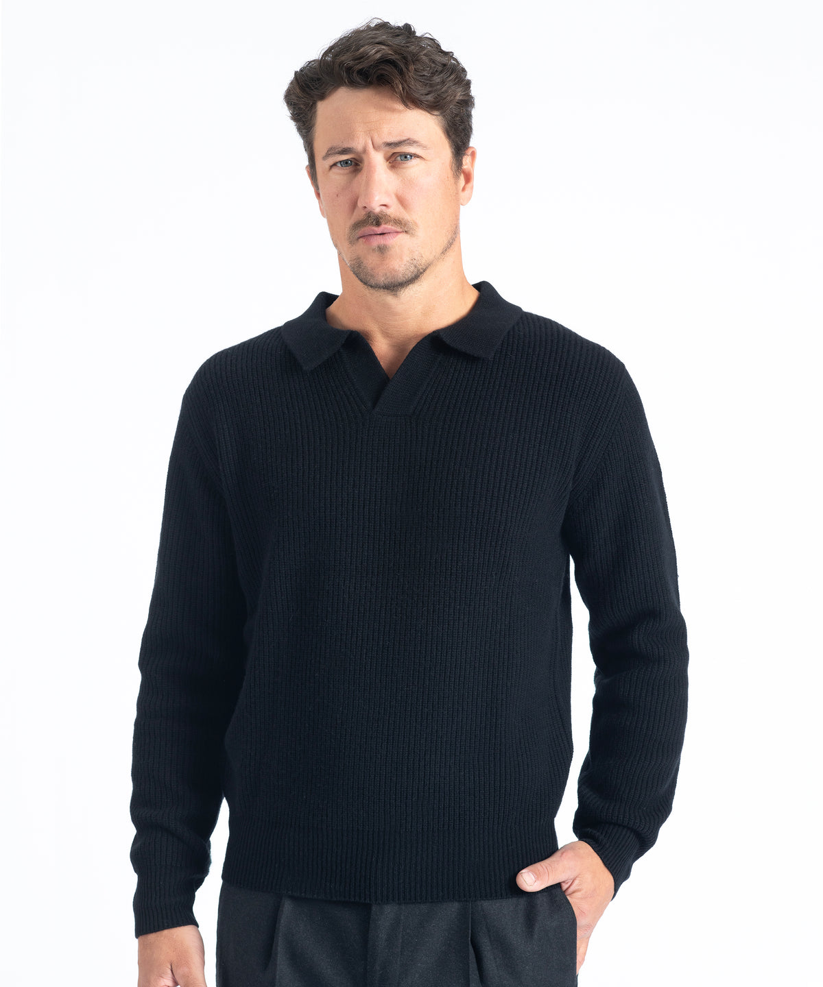 Black Johnny Collar Ribbed Knit Sweater