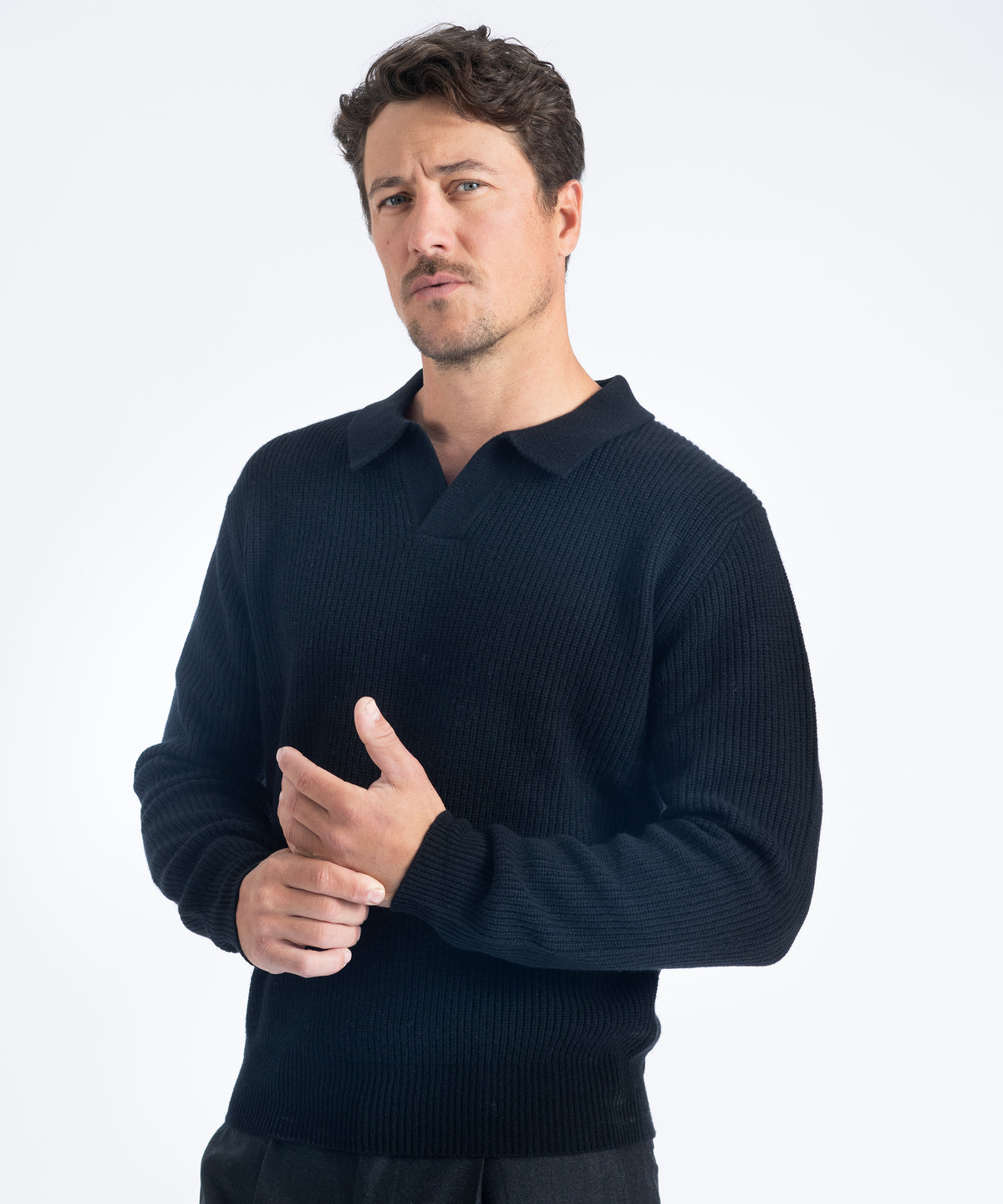 Black Johnny Collar Ribbed Knit Sweater