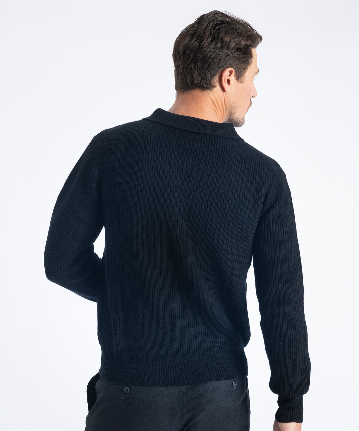 Black Johnny Collar Ribbed Knit Sweater