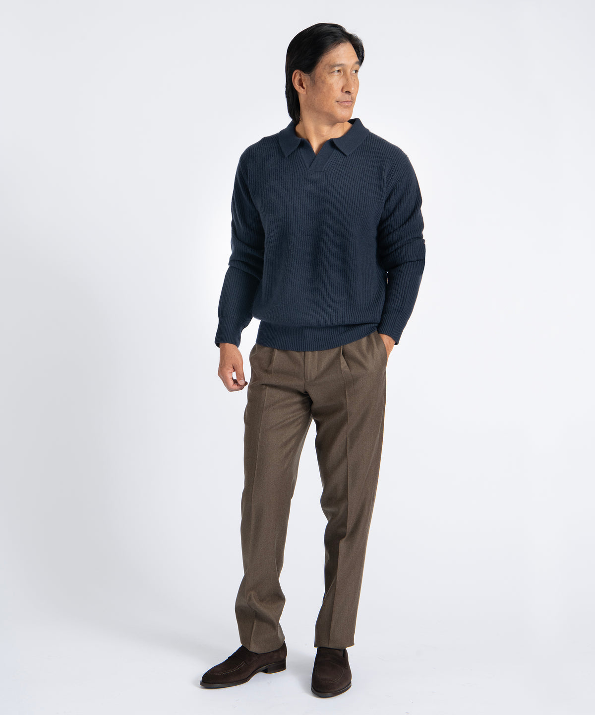 Dark Navy Johnny Collar Ribbed Knit Sweater