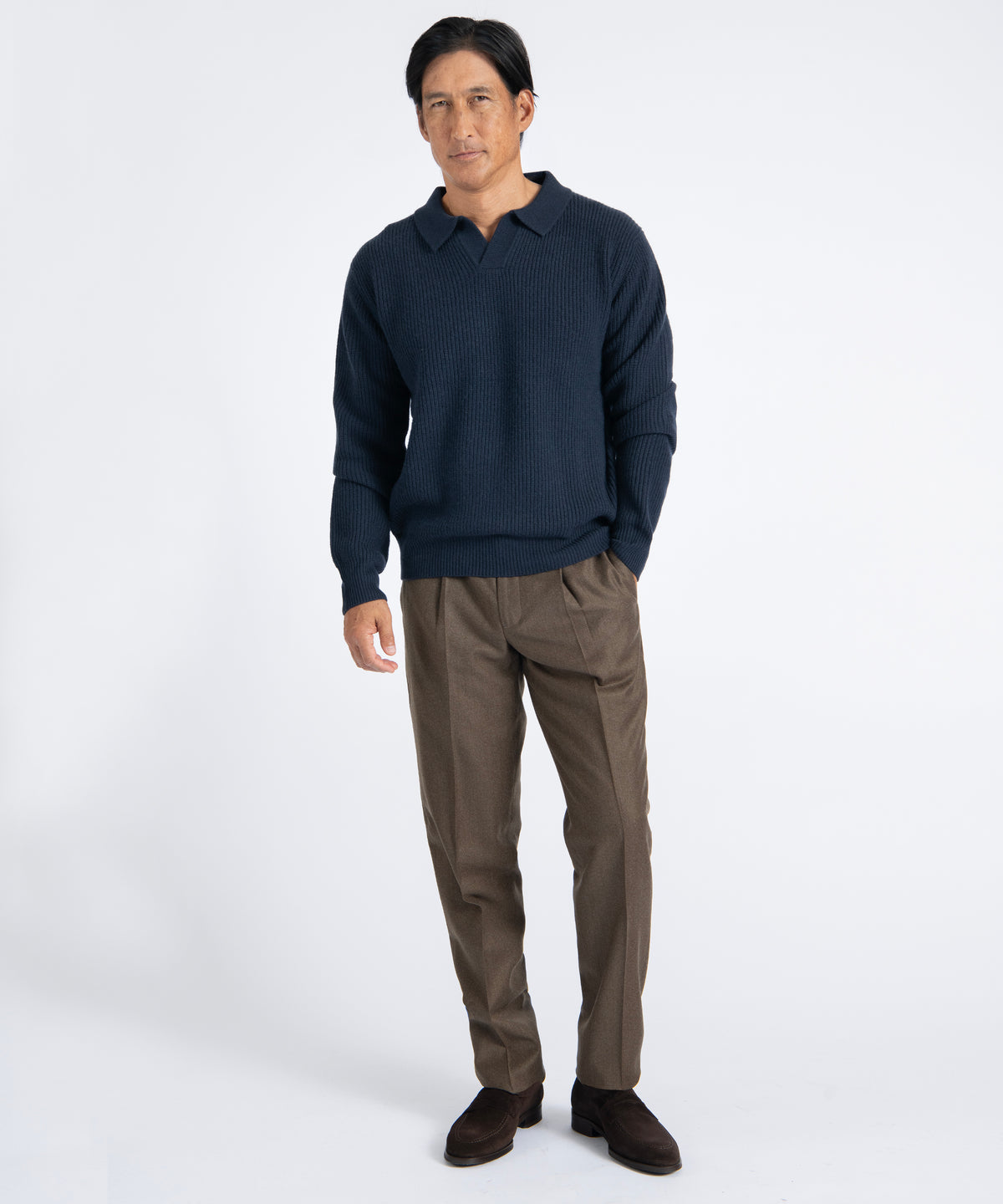 Dark Navy Johnny Collar Ribbed Knit Sweater