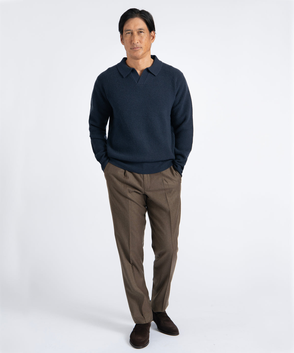 Dark Navy Johnny Collar Ribbed Knit Sweater