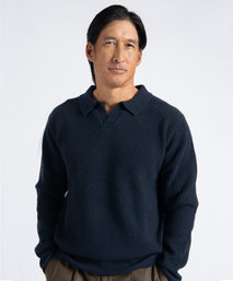 Dark Navy Johnny Collar Ribbed Knit Sweater