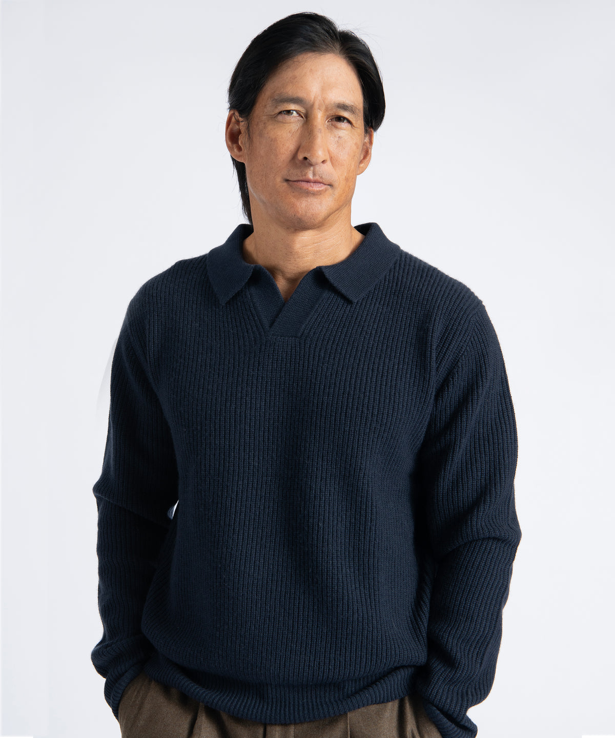 Dark Navy Johnny Collar Ribbed Knit Sweater