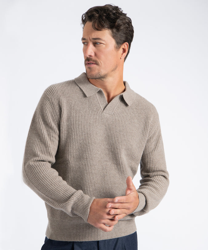 Khaki Johnny Collar Ribbed Knit Sweater