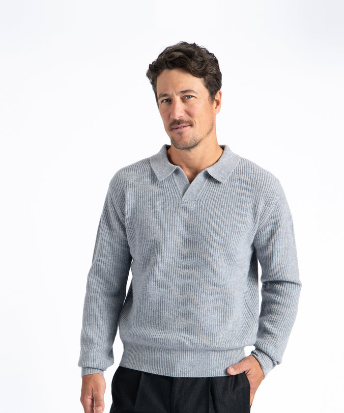 Light Grey Johnny Collar Ribbed Knit Sweater