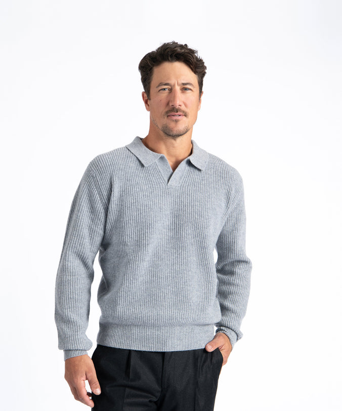 Light Grey Johnny Collar Ribbed Knit Sweater