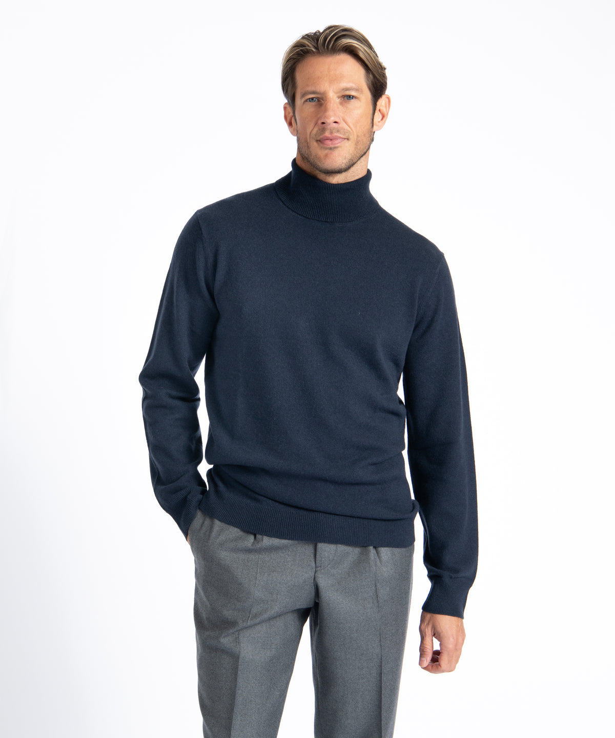 Dark Navy Cashmere And Wool Turtleneck Sweater