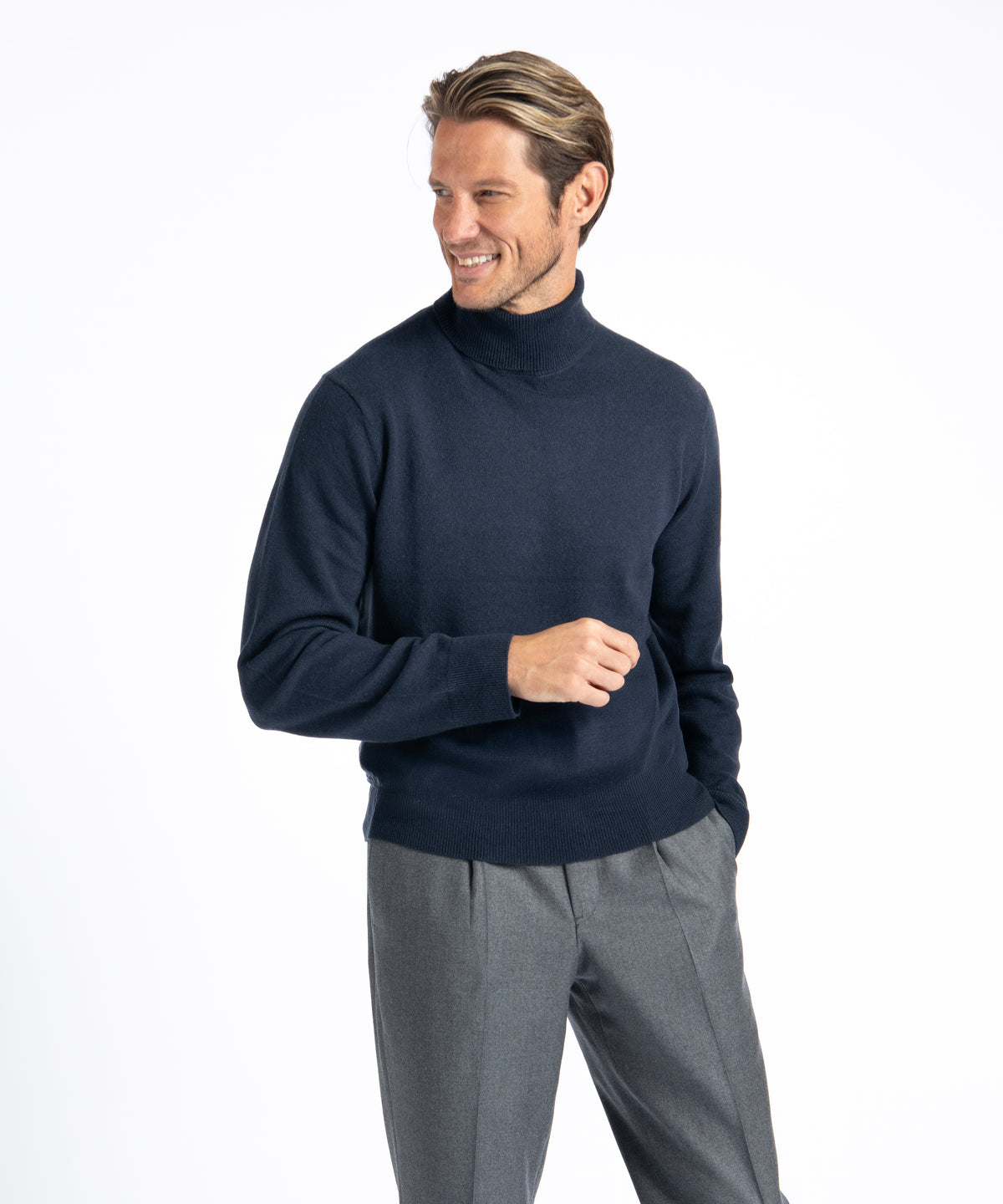 Dark Navy Cashmere And Wool Turtleneck Sweater