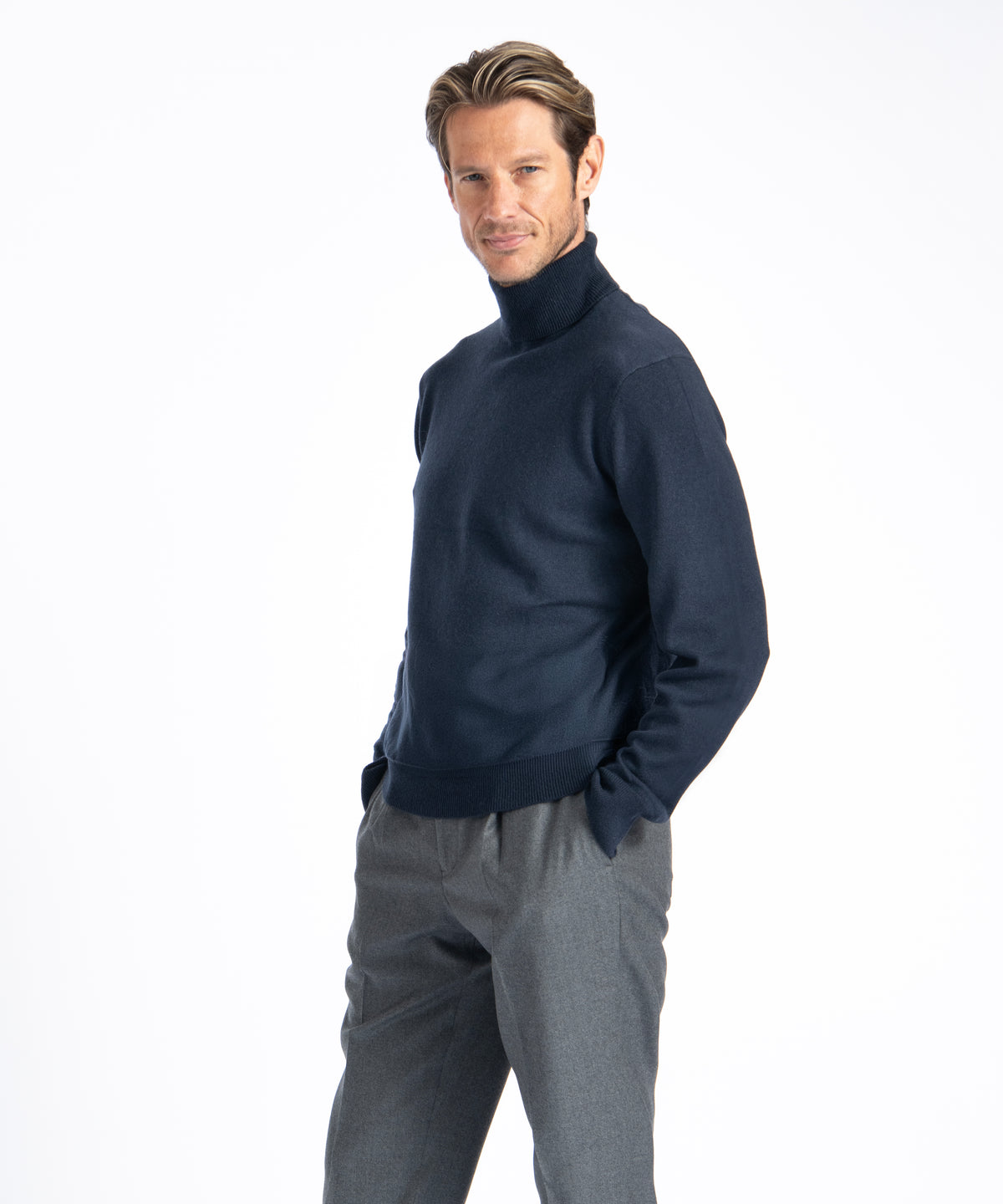 Dark Navy Cashmere And Wool Turtleneck Sweater
