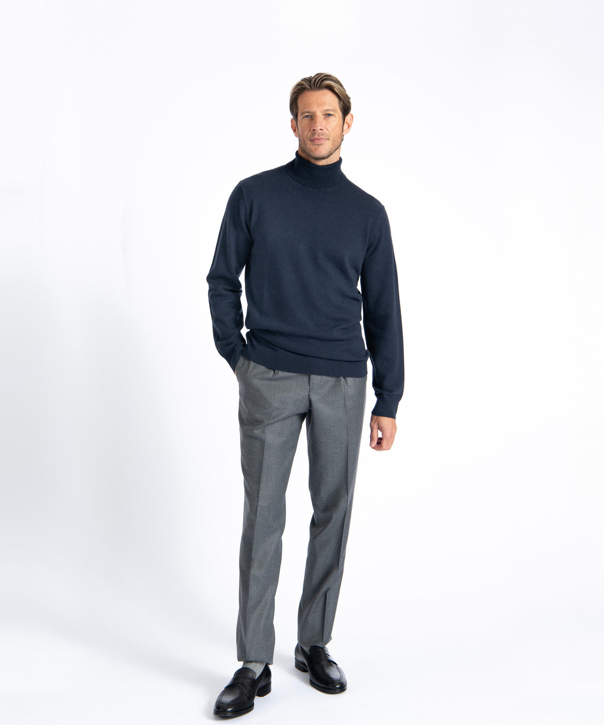 Dark Navy Cashmere And Wool Turtleneck Sweater